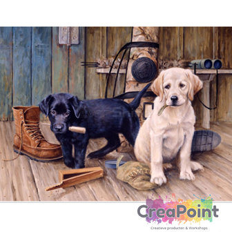 Full 5D Diamond Painting Honden retriever pups op veranda 50 x 40 cm