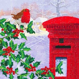 Christmas Crystal Card kit diamond painting Robin &amp; Postbox 18 x 18 cm