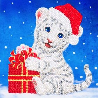 Christmas Crystal Card kit diamond painting Christmas White Tiger Cat 18 x 18 cm