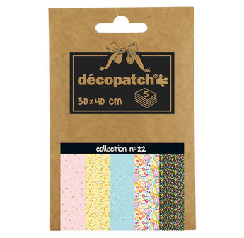 Decopatch Pocket No22 Zak met 5 vellen bedrukt papier 30x40 cm, geassorteerd patroon (Refs 684-746-701-732 en 720)