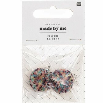 Pompon set 2 stuks voor sieraden of decoratie multicolor donker 20mm met zilverkleurig oog