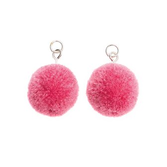 Pompon set 2 stuks voor sieraden of decoratie pink 20mm met zilverkleurig oog