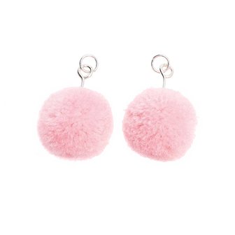 Pompon set 2 stuks voor sieraden of decoratie roze 20mm met zilverkleurig oog