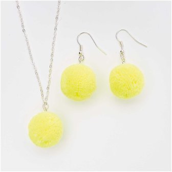 Pompon set 2 stuks voor sieraden of decoratie neon geel 20mm met zilverkleurig oog