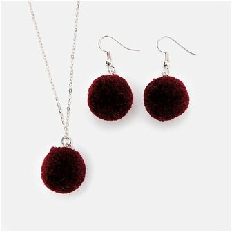 Pompon set 2 stuks voor sieraden of decoratie wijnrood 20mm met zilverkleurig oog