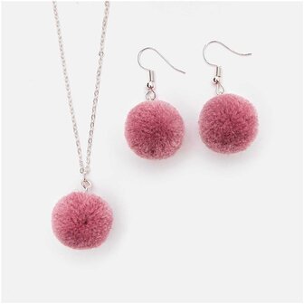 Pompon set 2 stuks voor sieraden of decoratie mauve 20mm met zilverkleurig oog