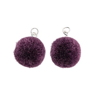 Pompon set 2 stuks voor sieraden of decoratie paars 20mm met zilverkleurig oog