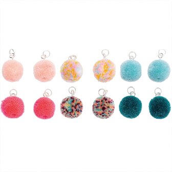 Pompon set 4 stuks voor sieraden of decoratie multicolor licht en donker 15mm met zilverkleurig oog