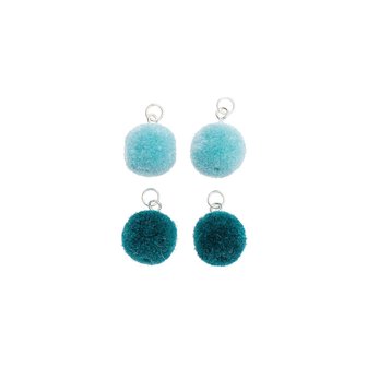 Pompon set 4 stuks voor sieraden of decoratie turquoise mix 15mm met zilverkleurig oog