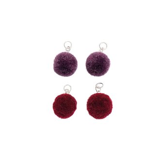 Pompon set 4 stuks voor sieraden of decoratie paars mix 15mm met zilverkleurig oog