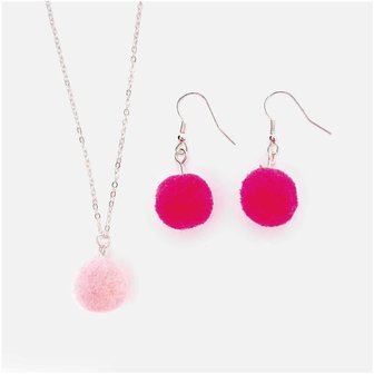 Pompon set 4 stuks voor sieraden of decoratie neon roze mix 15mm met zilverkleurig oog