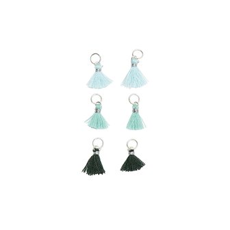 Kwastjes 6 stuks voor sieraden of decoratie 11mm in 3 turquoisetinten met zilverkleurig oog