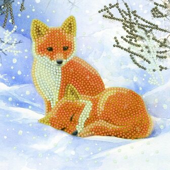 Christmas Crystal Card kit diamond painting Snowy Fox Cubs Vosjes 18 x 18 cm