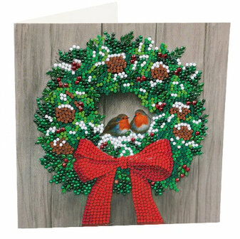 Christmas Crystal Card kit diamond painting Wreath &amp; Robin 18 x 18 cm