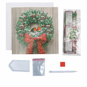 Christmas Crystal Card kit diamond painting Wreath &amp; Robin 18 x 18 cm