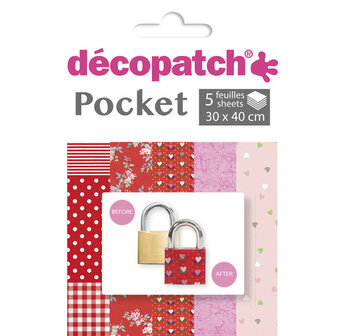 Decopatch Pocket No28 pocket met 5 vellen bedrukt papier 30x40 cm, diverse patronen (ref. 484, 658, 814, 299 en 684)