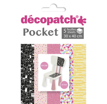 Decopatch Pocket No29 pocket met 5 vellen bedrukt papier 30x40 cm, diverse patronen (ref. 772, 681, 667, 689 en 838)