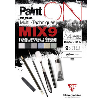 Paint&#039;ON blok 27 blad 250g geassortimenteerde kleuren 9x3 blad MIX9 A4 