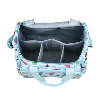 Opbergtas garentas groot draagbare tas haken breien garen lichtblauw met vrolijke print 38cm.