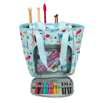Opbergtas garentas draagbare tas haken breien garen lichtblauw met print 26 cm.
