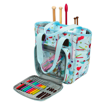 Opbergtas garentas draagbare tas haken breien garen lichtblauw met print 26 cm.
