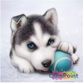 Full 5D Diamond Painting pup met tennisbal blauw 40 x 30 cm