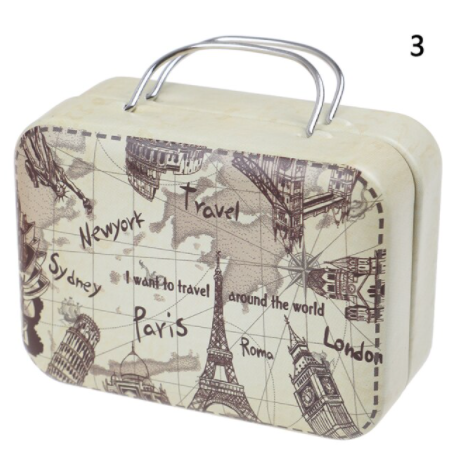 Koffer voor poppen metaal beige/bruin met vintage landkaartprint 8cm 
