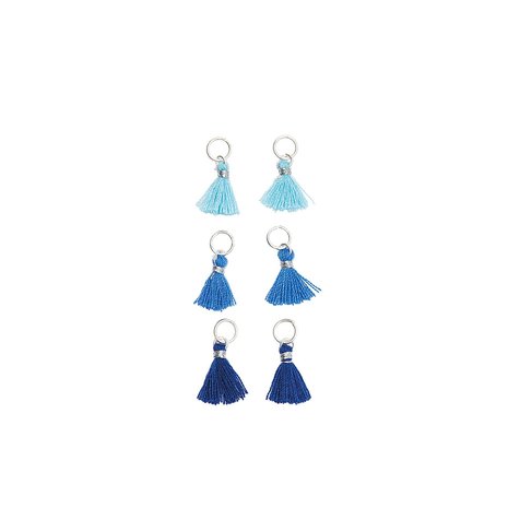 Kwastjes 6 stuks voor sieraden of decoratie 11mm in 3 blauwtinten met zilverkleurig oog