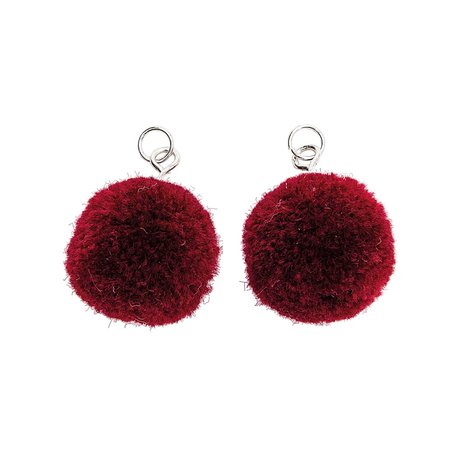 Pompon set 2 stuks voor sieraden of decoratie wijnrood 20mm met zilverkleurig oog