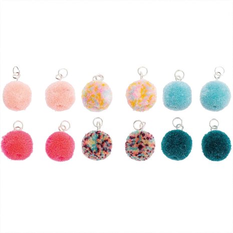 Pompon set 4 stuks voor sieraden of decoratie multicolor licht en donker 15mm met zilverkleurig oog