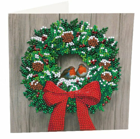 Christmas Crystal Card kit diamond painting Wreath & Robin 18 x 18 cm