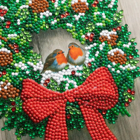 Christmas Crystal Card kit diamond painting Wreath & Robin 18 x 18 cm