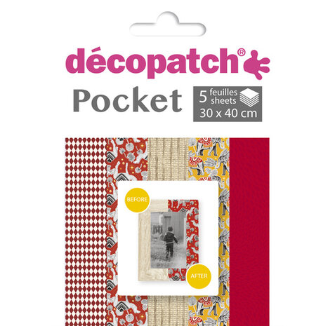 Decopatch Pocket No27 pocket met 5 vellen bedrukt papier 30x40 cm, diverse patronen (ref. 738, 826, 795, 825, 724)