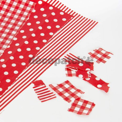 Decopatch papier rood strepen, stippen en blokjes