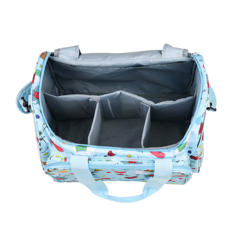 Opbergtas garentas groot draagbare tas haken breien garen lichtblauw met vrolijke print 38cm.