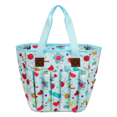 Opbergtas garentas draagbare tas haken breien garen lichtblauw met print 26 cm.