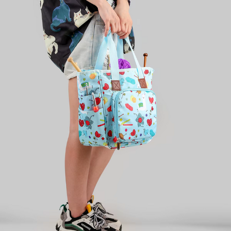 Opbergtas garentas draagbare tas haken breien garen lichtblauw met print 26 cm.