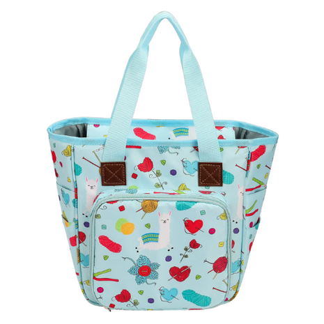 Opbergtas garentas draagbare tas haken breien garen lichtblauw met print 26 cm.