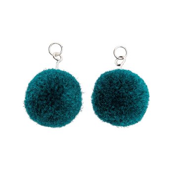 Pompon set 2 stuks voor sieraden of decoratie petrol 20mm met zilverkleurig oog