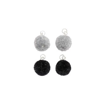 Pompon set 4 stuks voor sieraden of decoratie zwart en grijs mix 15mm met zilverkleurig oog