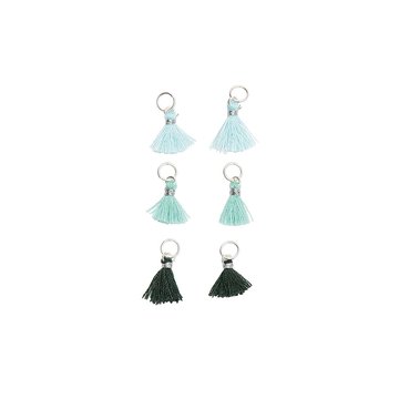 Kwastjes 6 stuks voor sieraden of decoratie 11mm in 3 turquoisetinten met zilverkleurig oog